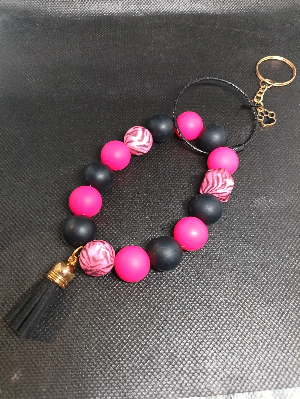 Beaded Keychain Wristlet with Pink & Black Beads
